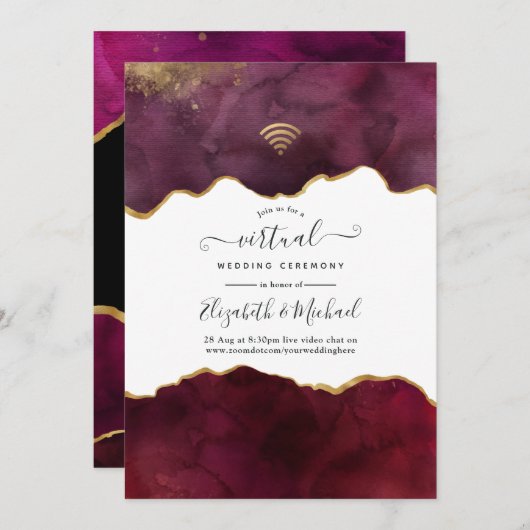 Burgundy und Gold Agate Virtual Wedding Einladung (Vorne/Hinten)