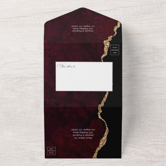 Burgundy und Gold Agate Wedding All In One Einladung (Außenbereich)