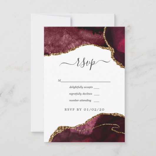 Burgundy und Gold Agate Wedding RSVP Karte (Vorderseite)