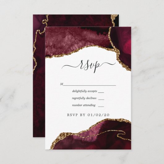 Burgundy und Gold Agate Wedding RSVP Karte (Vorne/Hinten)