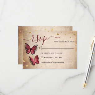 Burgundy und Gold Butterfly Elegante Hochzeit RSVP Karte