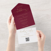 Burgundy und Gold Script Herz QR Code Hochzeit All In One Einladung (Abreißen)