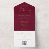 Burgundy und Gold Script Herz QR Code Hochzeit All In One Einladung (Innen Boden)
