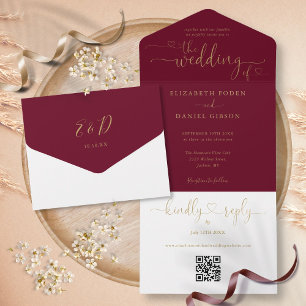 Burgundy und Gold Script Herz QR Code Hochzeit All In One Einladung
