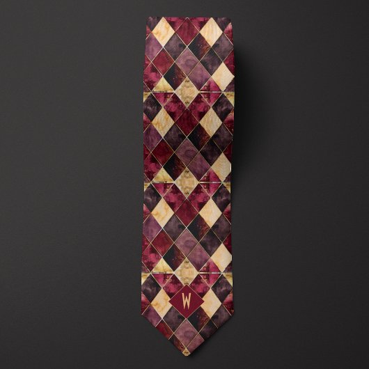 Burgundy und Gold Watercolor Diamond Monogram Krawatte