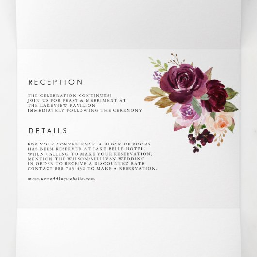 Burgundy und Lila Hochzeit im Herbst mit Blumen Dreifach Gefaltete Einladung (Innenseite Mitte)