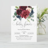 Burgundy und Navy Wasserfarbenblütendusche Einladung (Stehend Vorderseite)