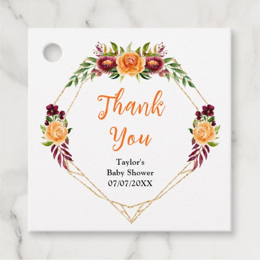 Burgundy und Orange Floral Baby Dusche Vielen Dank Geschenkanhänger (Vorderseite)
