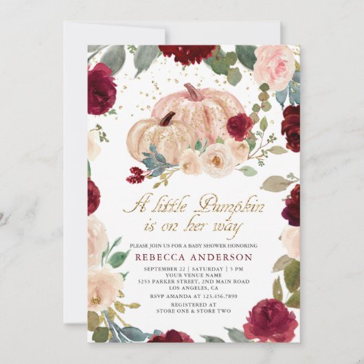 Burgundy und Peach Floral Pumpkin Baby Dusche Einladung (Vorderseite)