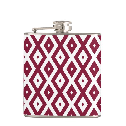 Burgundy und weißes Diamantmuster Flachmann (Vorderseite)