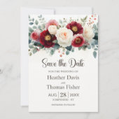 Burgundy und White Floral Wedding retten das Datum Einladung (Vorderseite)