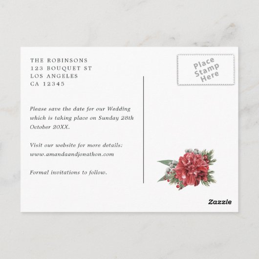 Burgundy und White Floral Wedding retten das Datum Postkarte (Rückseite)