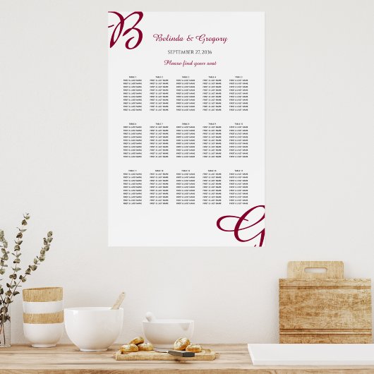 Burgundy Ursprüngliche Hochzeit im Herbst Sitzplan Poster (Küche)