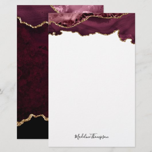 Burgundy Velvet Agate Geode Script Typografie Briefpapier (Vorne/Hinten)