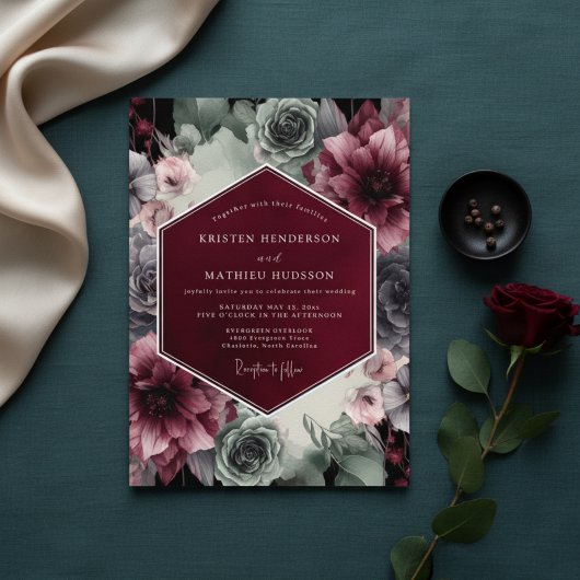 Burgundy Velvet Bloom Opulence Wedding Einladung