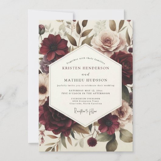 Burgundy Victorian Flora Wedding Einladung (Vorderseite)