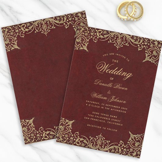 Burgundy Vintag Gold Calligraphy Elegante Wedding Einladung