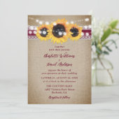 Burgundy Vintag Sunflower Burlap Lace Wedding Einladung (Stehend Vorderseite)