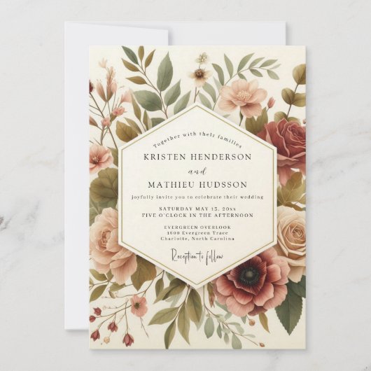 Burgundy Vintage Bloom Wedding Einladung (Vorderseite)