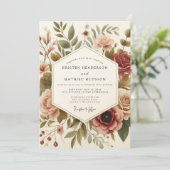 Burgundy Vintage Bloom Wedding Einladung (Stehend Vorderseite)