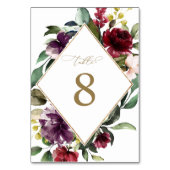Burgundy Violet Blume & Goldrahmen Hochzeit Tischnummer (Rückseite)