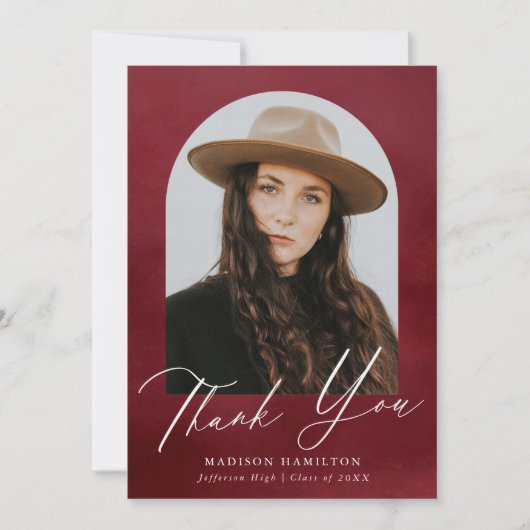 Burgundy Watercolor Arch Foto Abschluss Dankeskarte (Vorderseite)