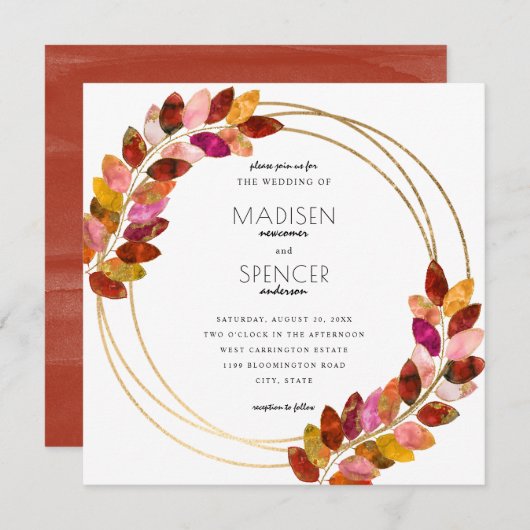 Burgundy Watercolor Blätter Gold Wedding Einladung (Vorne/Hinten)