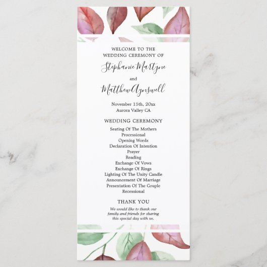 Burgundy Watercolor Blätter Hochzeitsfeier Programm (Vorderseite)