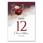 Burgundy Watercolor Blooms Gold Glitzer Tischnummer (Vorderseite)