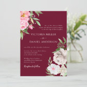 Burgundy Watercolor Blühende Ponys Elegante Hochze Einladung (Stehend Vorderseite)