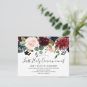 Burgundy Watercolor Blume Erste Heilige Kommune Einladung (Stehend Vorderseite)