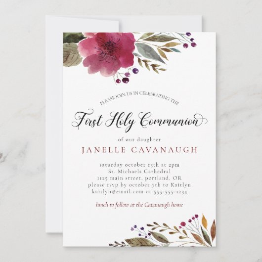 Burgundy Watercolor Blume Erste Heilige Kommune Einladung (Vorderseite)
