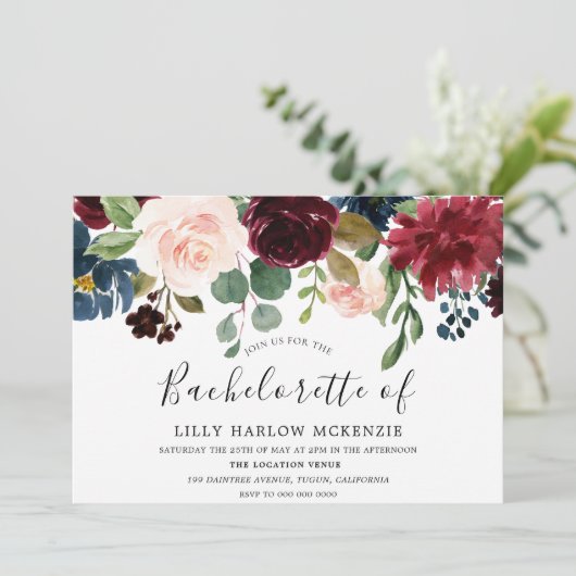 Burgundy Watercolor Blume Junggeselinnen-Abschied Einladung (Stehend Vorderseite)