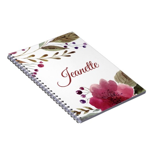 Burgundy Watercolor-Blume Mit Monogramm Notizblock (Rechte Seite)