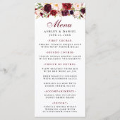 Burgundy Watercolor Blumenmenü Menükarte (Vorderseite)