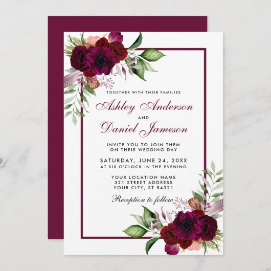 Burgundy Watercolor Boho Floral Wedding Einladung (Vorne/Hinten)