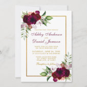 Burgundy Watercolor Boho Floral Wedding Gold Einladung (Vorderseite)