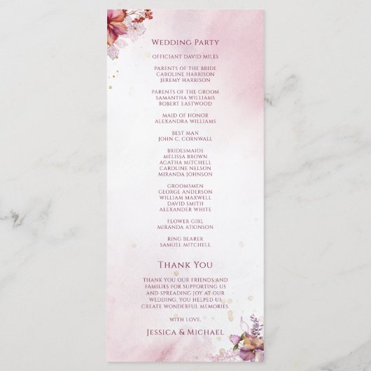 Burgundy Watercolor Fall Bouquet Elegante Hochzeit Programm (Rückseite)