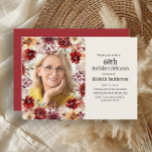 Burgundy Watercolor Floral 60. Geburtstags-Foto Einladung<br><div class="desc">Eleganter bordeauxfarbener und cremefarbener Wasserfarbenfall/Herbstgeburtstag Foto Einladung für Frauen. Diese Einladung ist für einen 60. Geburtstag gedacht, kann aber für jeden Altersgruppen angepasst werden. Personalisieren Sie diese, indem Sie ein Foto und Ihre Party-Informationen hinzufügen. Kontaktieren Sie mich, um Hilfe bei Ihren Anpassungen zu erhalten oder um zusätzliche Matching oder Koordination...</div>