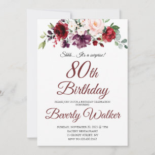 Burgundy Watercolor Floral 80. Überraschung Geburt Einladung