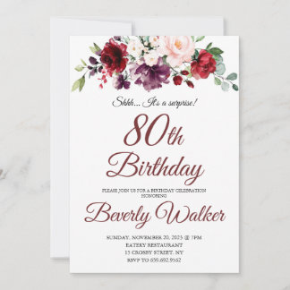 Burgundy Watercolor Floral 80. Überraschung Geburt Einladung