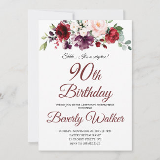 Burgundy Watercolor Floral 90. Überraschung Geburt Einladung
