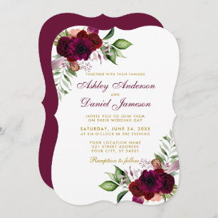 Burgundy Watercolor Floral Boho Gold Wedding B Einladung