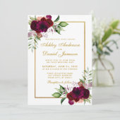 Burgundy Watercolor Floral Boho Gold Wedding Einladung (Stehend Vorderseite)