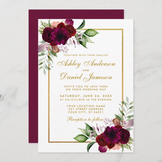 Burgundy Watercolor Floral Boho Gold Wedding Einladung (Vorne/Hinten)