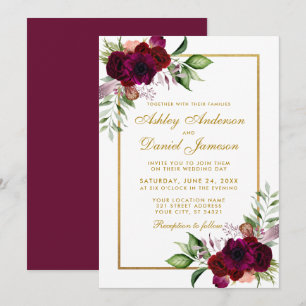 Burgundy Watercolor Floral Boho Gold Wedding Einladung