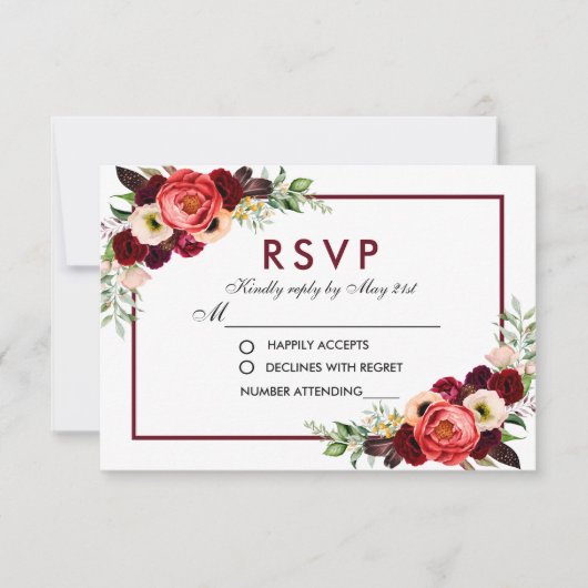 Burgundy Watercolor Floral Boho Wedding RSVP Karte (Vorderseite)