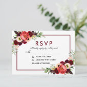 Burgundy Watercolor Floral Boho Wedding RSVP Karte (Stehend Vorderseite)