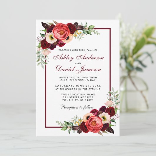 Burgundy Watercolor Floral Boho Wedite Einladung (Stehend Vorderseite)