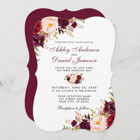 Burgundy Watercolor Floral Bracket Wedding Einladung (Vorne/Hinten)